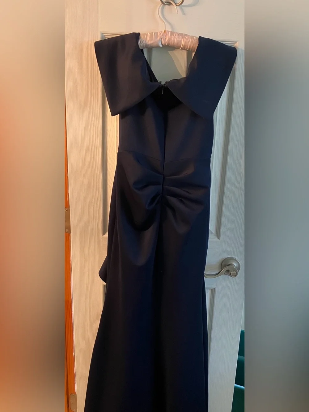 Xscape Off-The-Shoulder Navy Evening Gown
